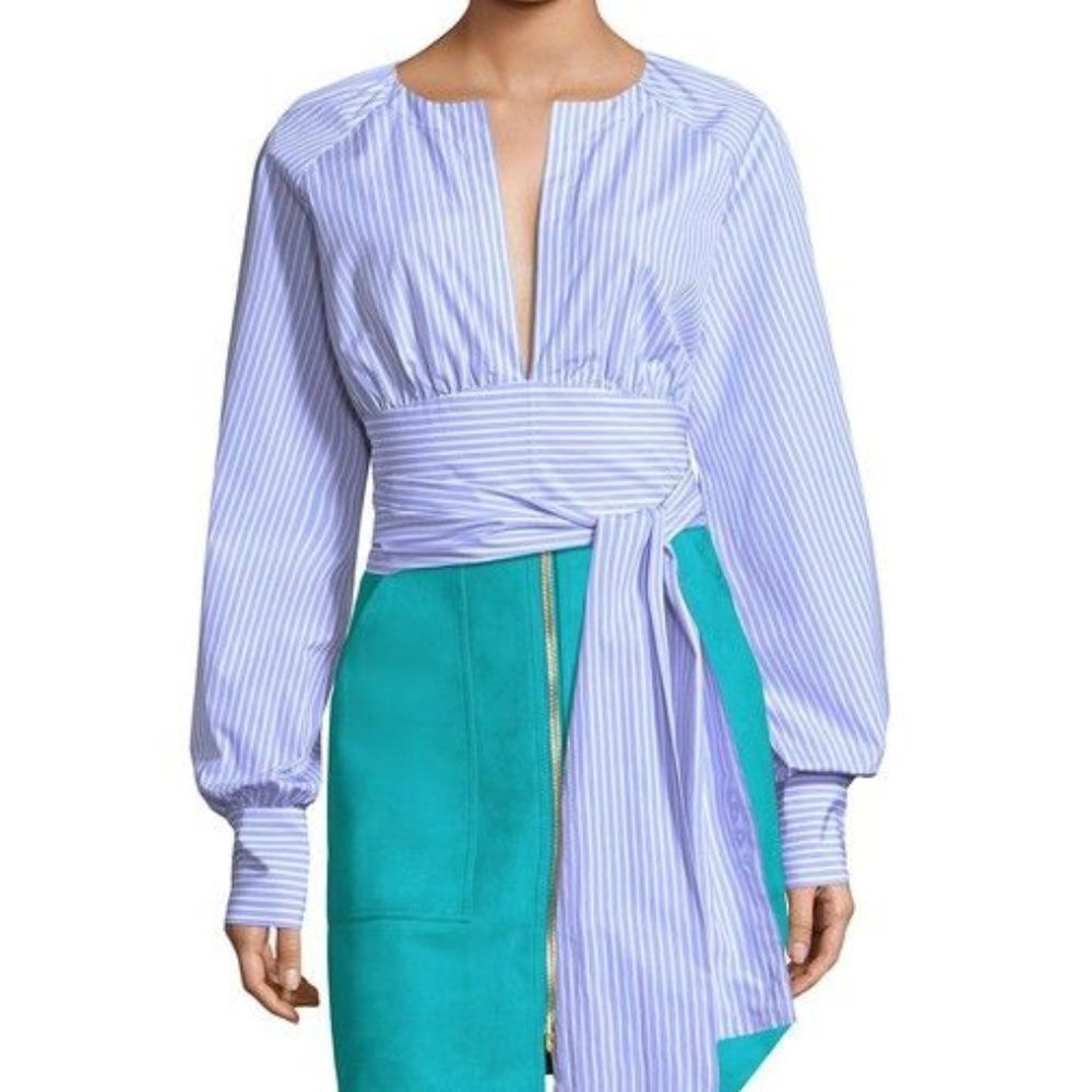 DVF Key Hole Blouse in Pale Blue & White Wide Stripes Size 6 NWT